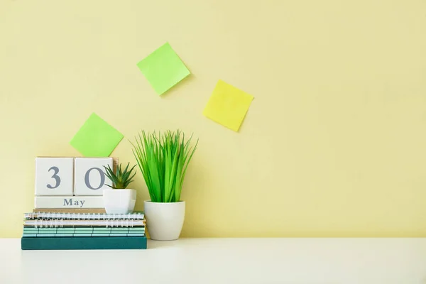 Elegante Lugar Trabajo Con Planta Interior Cuadernos Cerca Pared Color —  Fotos de Stock