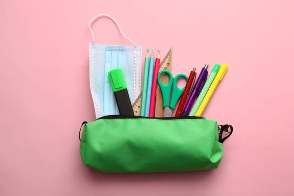 Pencil Case Stationery Medical Mask Pink Background — Stock Photo, Image