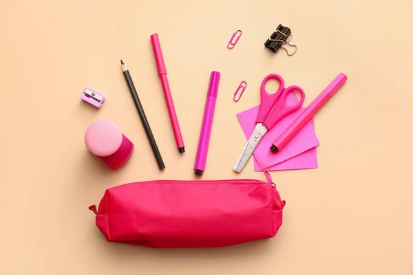 Composition Pencil Case Stationery Color Background — Stock Photo, Image