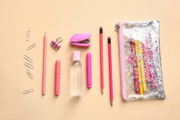 Composition Pencil Case Stationery Sanitizer Color Background — Stock Photo, Image