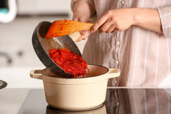 Woman Adding Frying Beet Cooking Pot Closeup — Stock Photo, Image
