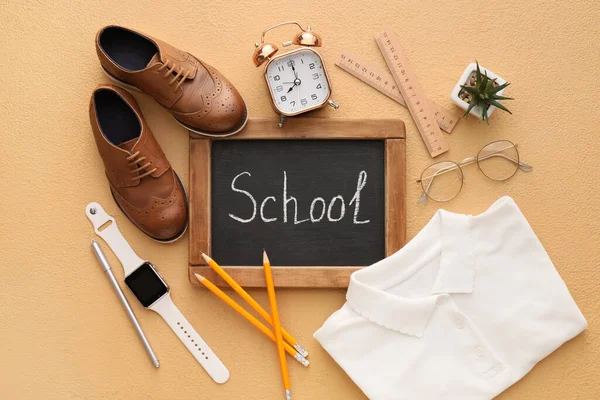 Composition Chalkboard School Uniform Shoes Wrist Watch Color Background — Stock Photo, Image