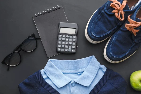 Stylish School Uniform Shoes Eyeglasses Stationery Dark Background Closeup — Stock Photo, Image