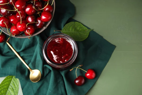 Composition Sweet Cherry Jam Color Wooden Background Closeup — Stock Photo, Image