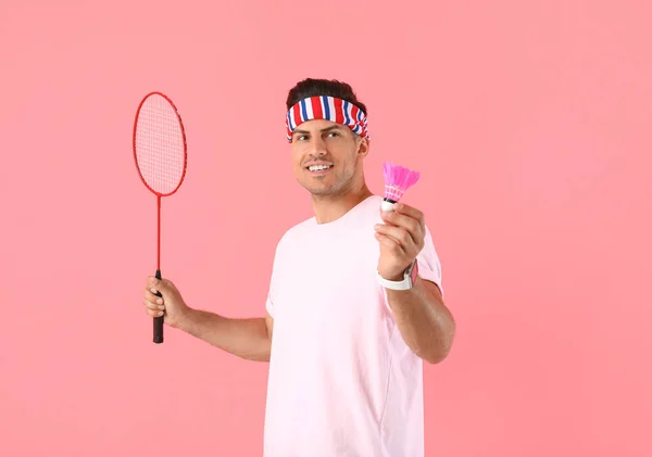 Sporty Male Badminton Player Color Background — Stock Photo, Image