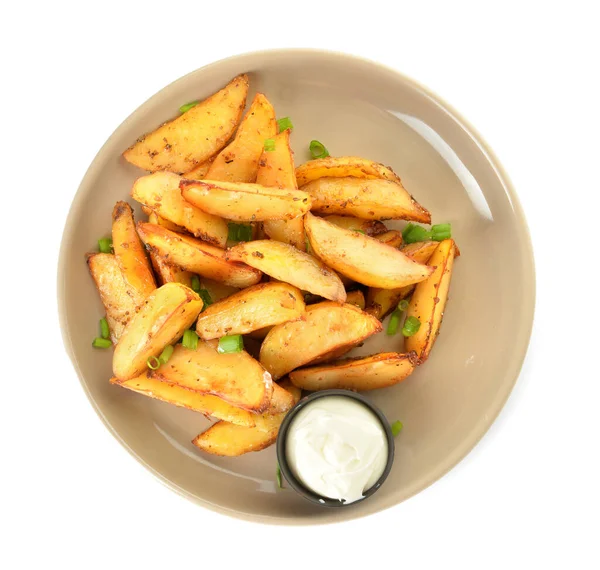 Plato Con Sabrosa Patata Horno Salsa Sobre Fondo Blanco —  Fotos de Stock