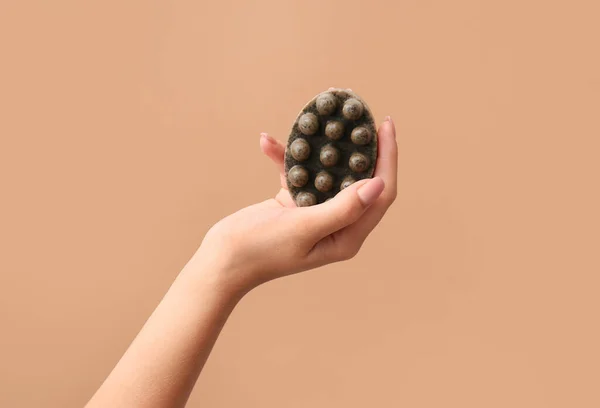 Female Hand Massage Soap Bar Color Background — Stock Photo, Image