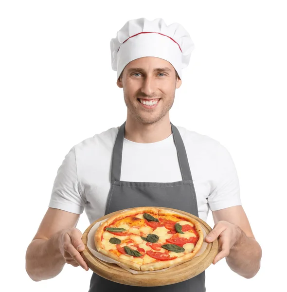 Handsome Chef Holding Board Delicious Pizza White Background Stock Photo