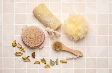 Farklı masaj fırçaları ve arka planda banyo malzemeleri.