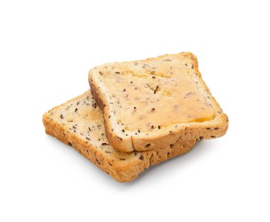 Beyaz arka planda ballı lezzetli kızarmış ekmek.