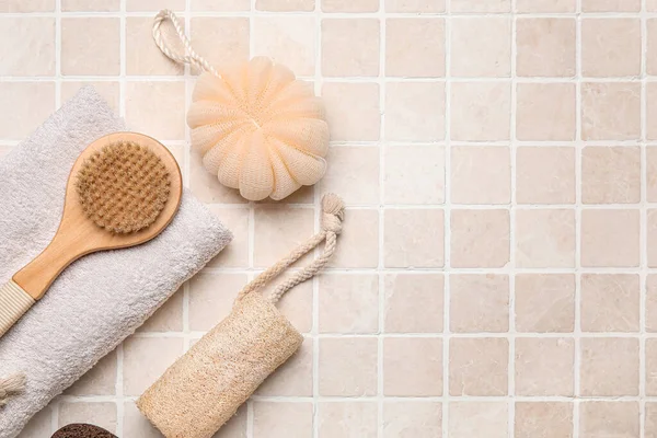 Body Brush Bath Supplies Light Tile Background — Stock Photo, Image