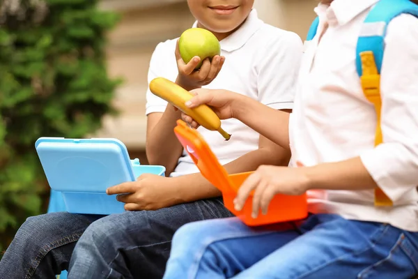 Cute Little Pupils Having Lunch Outdoors — Stock Photo, Image