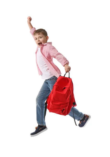 Saltando Pequeño Colegial Con Mochila Sobre Fondo Blanco — Foto de Stock