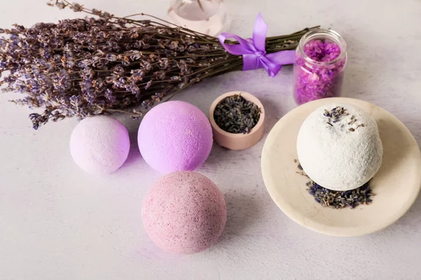 Composition Lavender Bath Bombs Sea Salt Flowers Light Background — Stock Photo, Image