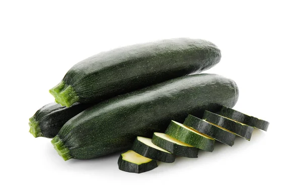 Courges Fraîches Courgettes Avec Des Tranches Sur Fond Blanc — Photo