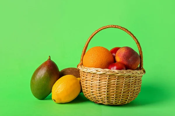 Basket Fresh Fruits Color Background — Stock Photo, Image