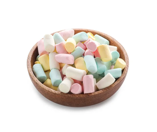 Wooden Bowl Marshmallows White Background — Stock Photo, Image