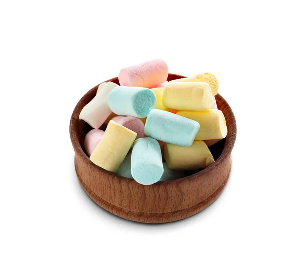Wooden Bowl Marshmallows White Background — Stock Photo, Image