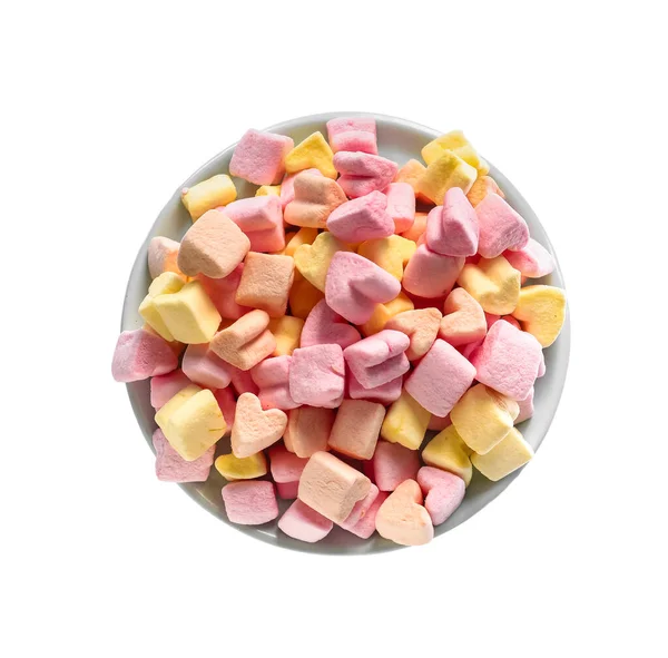 Tigela Com Marshmallows Doces Fundo Branco — Fotografia de Stock