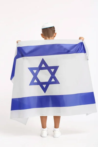 Little Boy Flag Israel White Background Back View — Stock Photo, Image