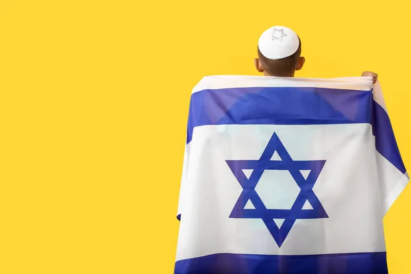 Kleiner Junge Mit Der Flagge Israels Auf Farbigem Hintergrund Rückseite — Stockfoto