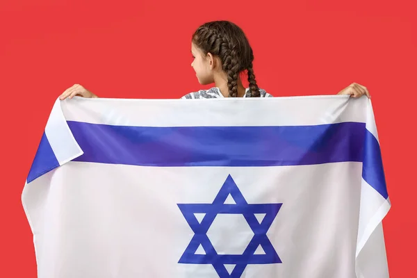 Little Girl Flag Israel Color Background Back View — Stock Photo, Image