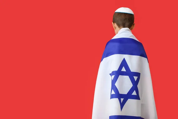 Mały Chłopiec Flagą Izraela Tle Koloru Widok Tyłu — Zdjęcie stockowe