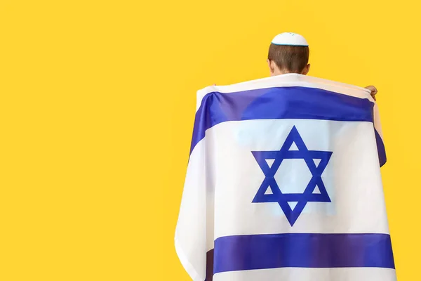 Kleiner Junge Mit Der Flagge Israels Auf Farbigem Hintergrund Rückseite — Stockfoto