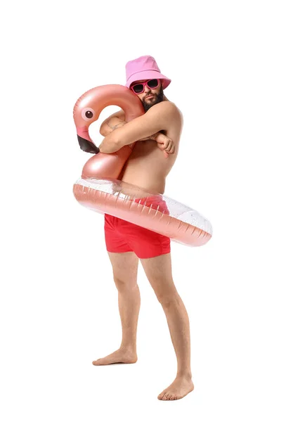 Funny Young Man Inflatable Ring White Background — Stock Photo, Image