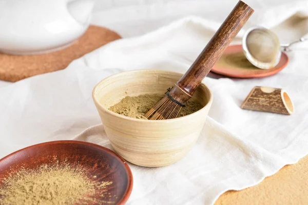 Bowl Powdered Matcha Tea Chasen Table — Stock Photo, Image