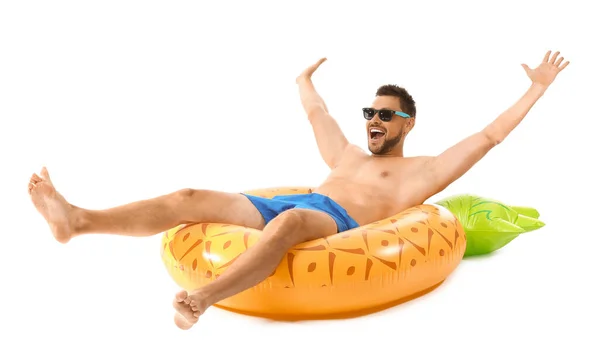 Young Man Inflatable Ring White Background — Stock Photo, Image