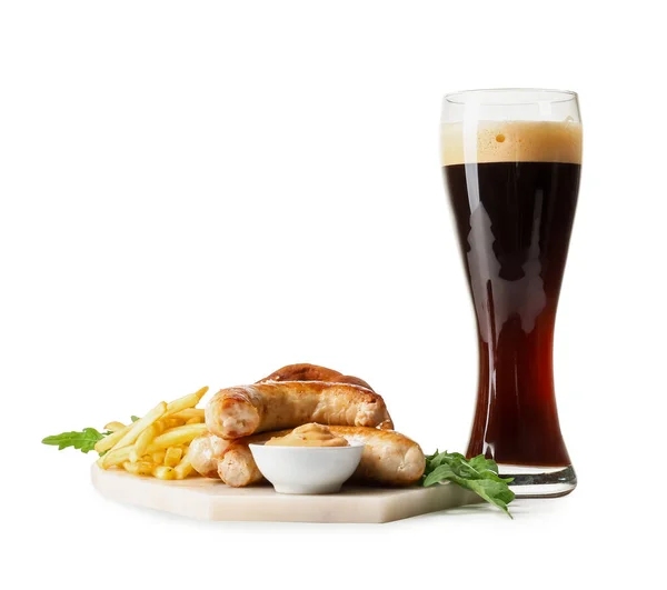 Glass Beer Board Bavarian Sausages White Background Oktoberfest Celebration — Stock Photo, Image