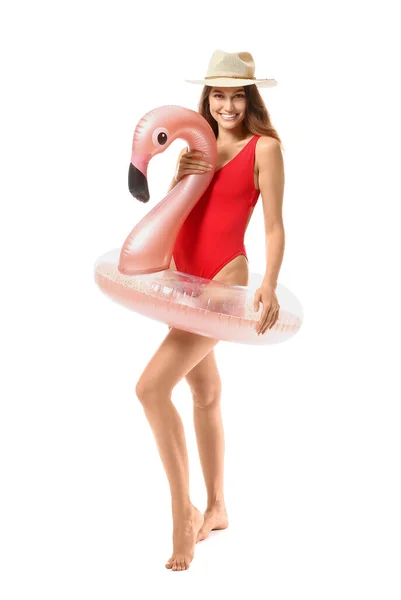 Young Woman Inflatable Ring White Background — Stock Photo, Image