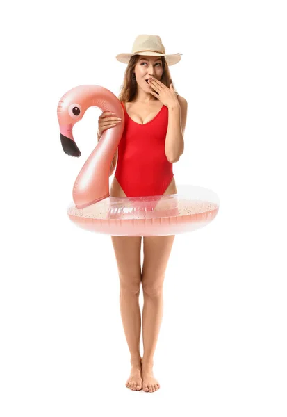 Surprised Woman Inflatable Ring White Background — Stock Photo, Image