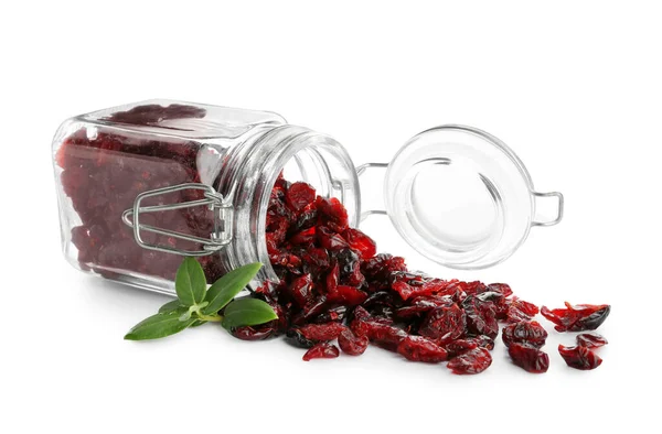 Glass Jar Tasty Dried Cranberries White Background — Stock Photo, Image