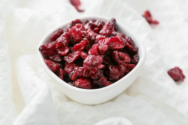 Bowl Tasty Dried Cranberries Fabric Background Closeup — Stock Photo, Image