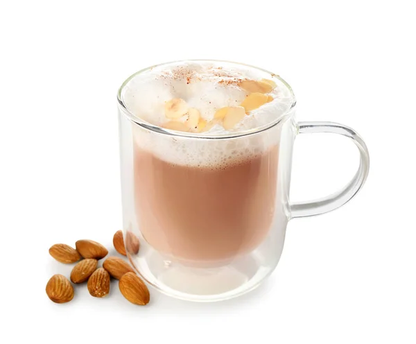 Glass Cup Tasty Almond Latte White Background — Stock Photo, Image