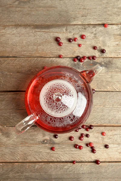 Teapot Tasty Tea Cranberry Wooden Background — Stock Photo, Image