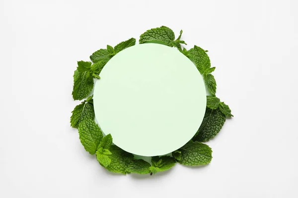 Blank Paper Sheet Green Mint Leaves White Background — Stock Photo, Image