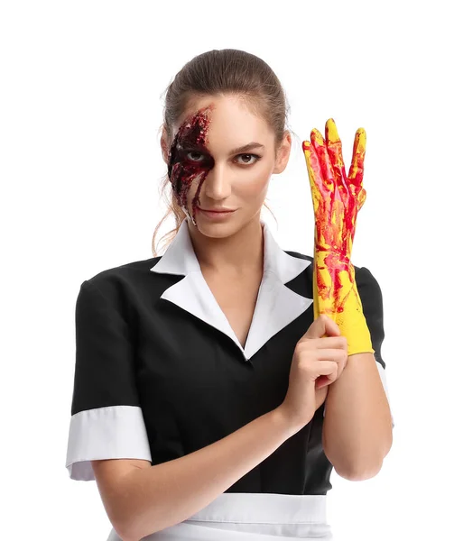 Woman Dressed Halloween Chambermaid Bloodstained Rubber Gloves White Background — Stock Photo, Image