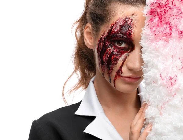 Mujer Vestida Para Halloween Como Camarera Con Cepillo Polvo Sobre —  Fotos de Stock