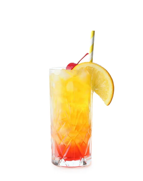 Verre Savoureux Cocktail Tequila Sunrise Sur Fond Blanc — Photo