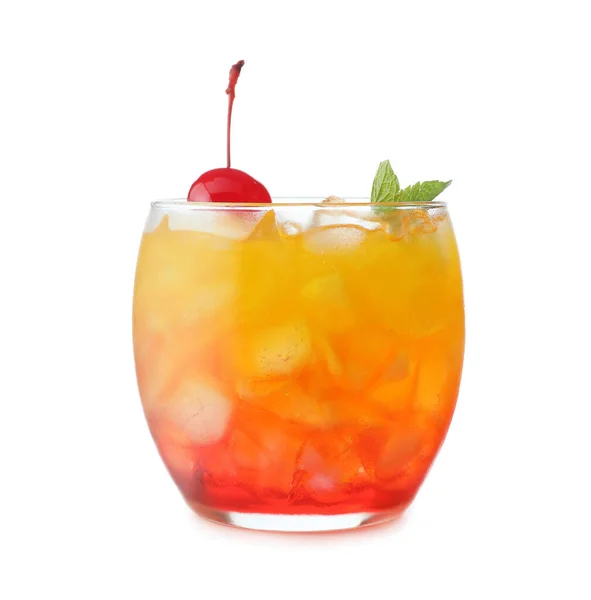 Bicchiere Gustoso Cocktail Tequila Sunrise Sfondo Bianco — Foto Stock