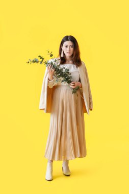 Okaliptüs dalları olan güzel Asyalı genç bir kadın.