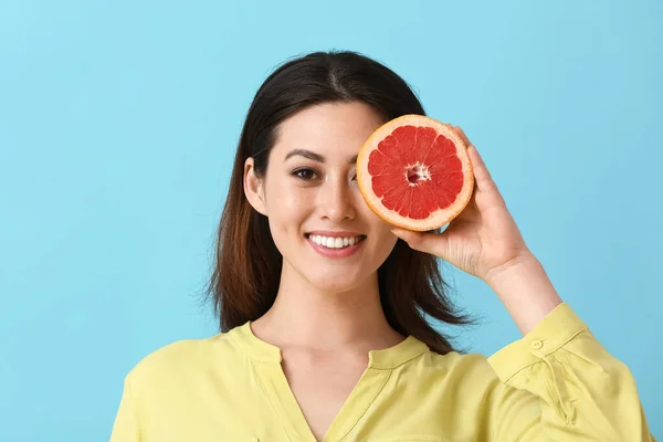 Beautiful Young Asian Woman Grapefruit Color Background — Stock Photo, Image
