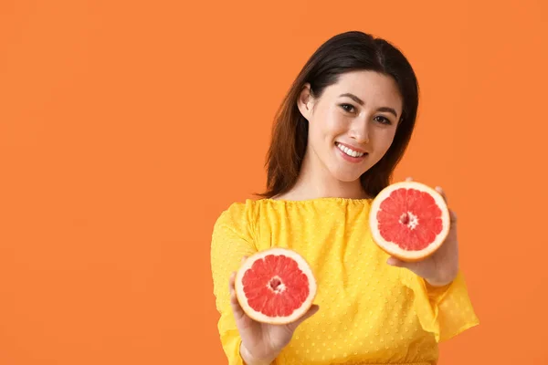 Beautiful Young Asian Woman Grapefruit Color Background — Stock Photo, Image