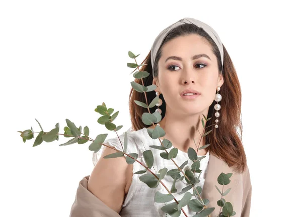 Beautiful Young Asian Woman Eucalyptus Branches White Background — Stock Photo, Image