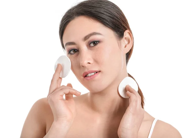 Beautiful Young Asian Woman Cotton Pads White Background — Stock Photo, Image