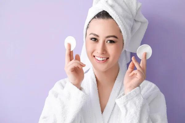 Beautiful Young Asian Woman Cotton Pads Color Background — Stock Photo, Image