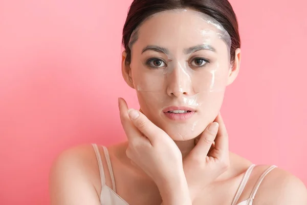 Beautiful Young Asian Woman Sheet Facial Mask Color Background — Stock Photo, Image